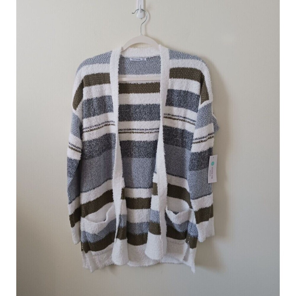 Pink Clover Knit Cardigan Sweater Womens Open Front Striped White Gray Size S